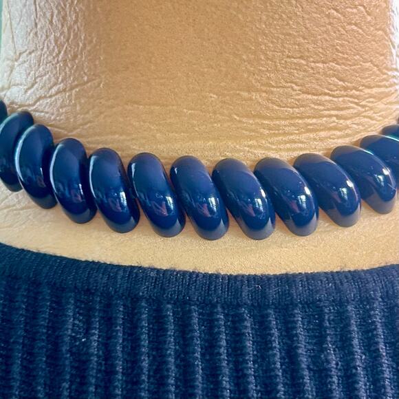 Vintage Napier Navy Blue Spiral Bead Choker Necklace, 80s Statement Jewelry - Picture 8 of 13